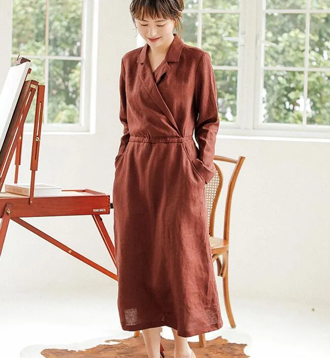 Coffee Linen Women Dresses Long Sleeve Women Linen Dresses Waist Belt S90921