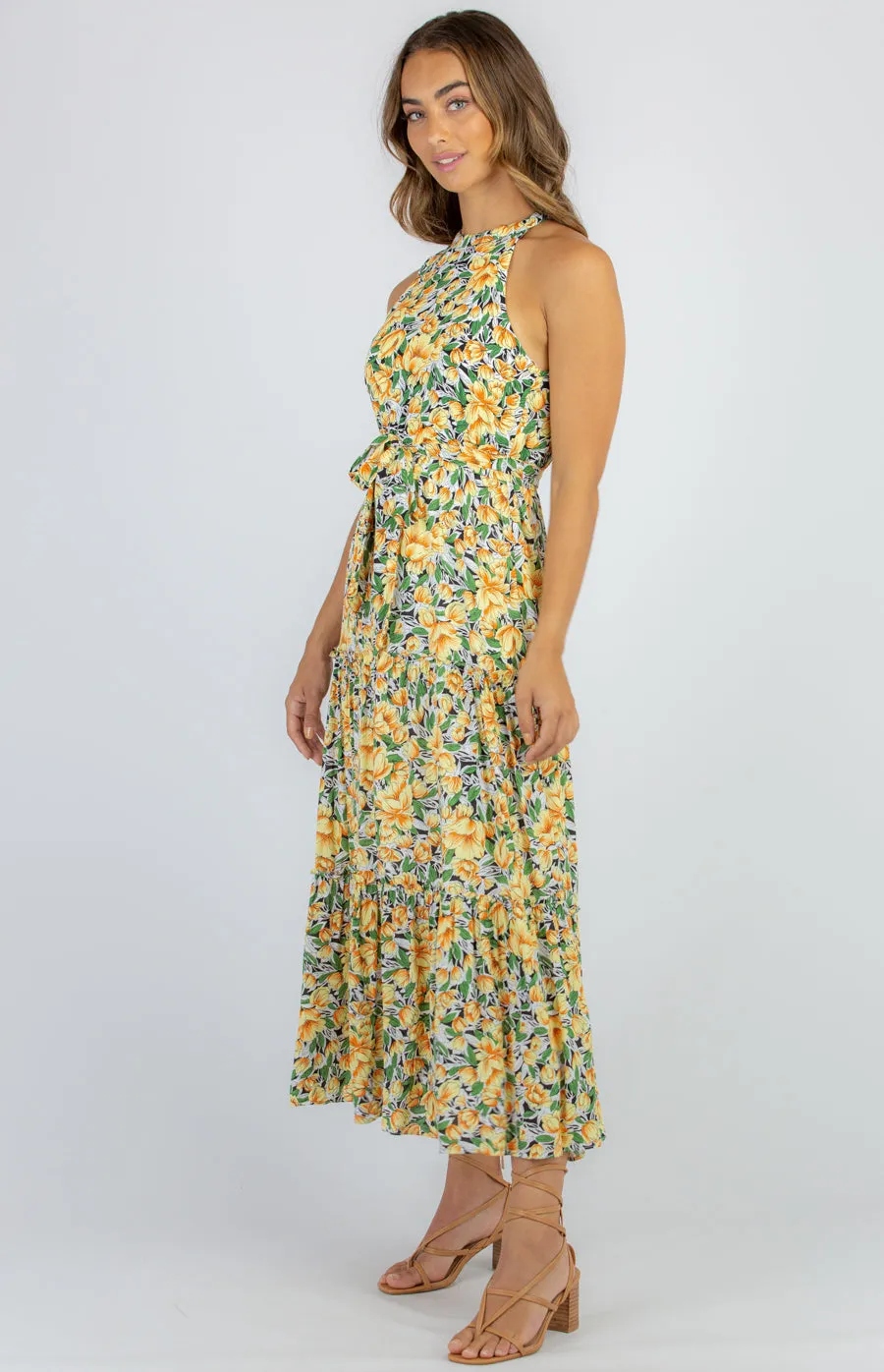 Cotton Printed Halter Neck Tiered Maxi