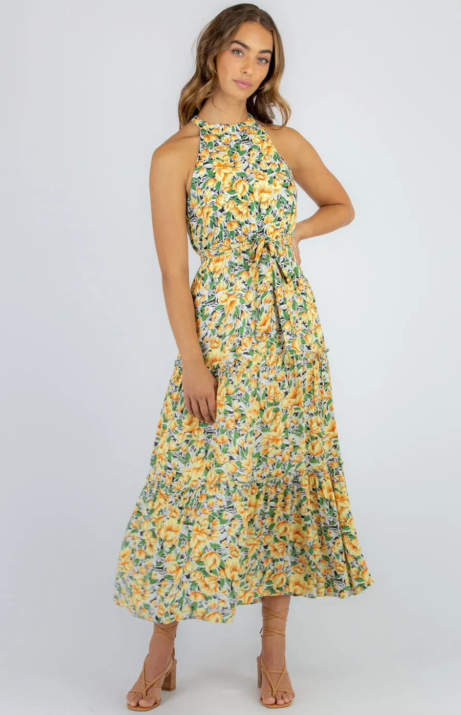 Cotton Printed Halter Neck Tiered Maxi