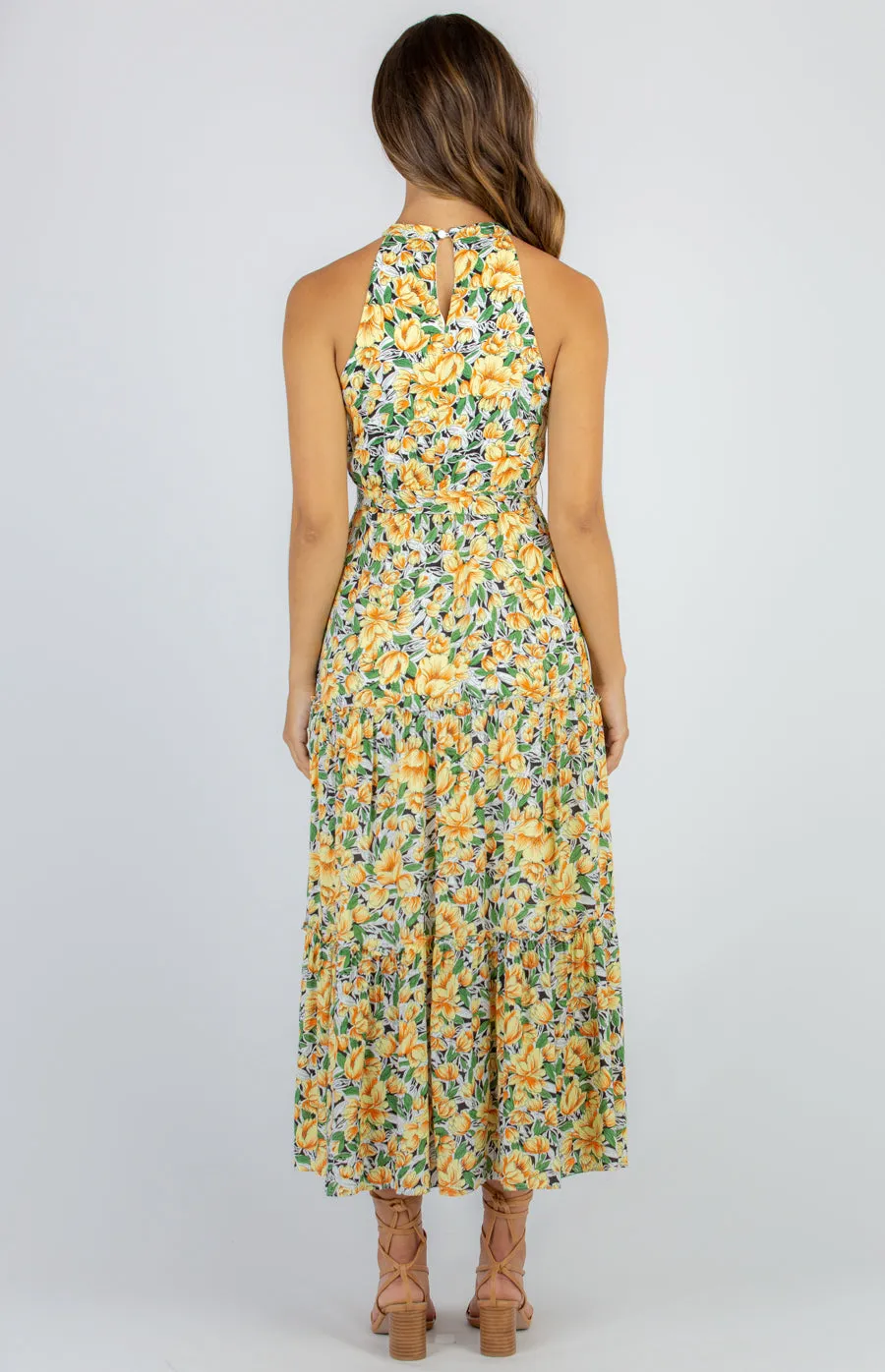 Cotton Printed Halter Neck Tiered Maxi