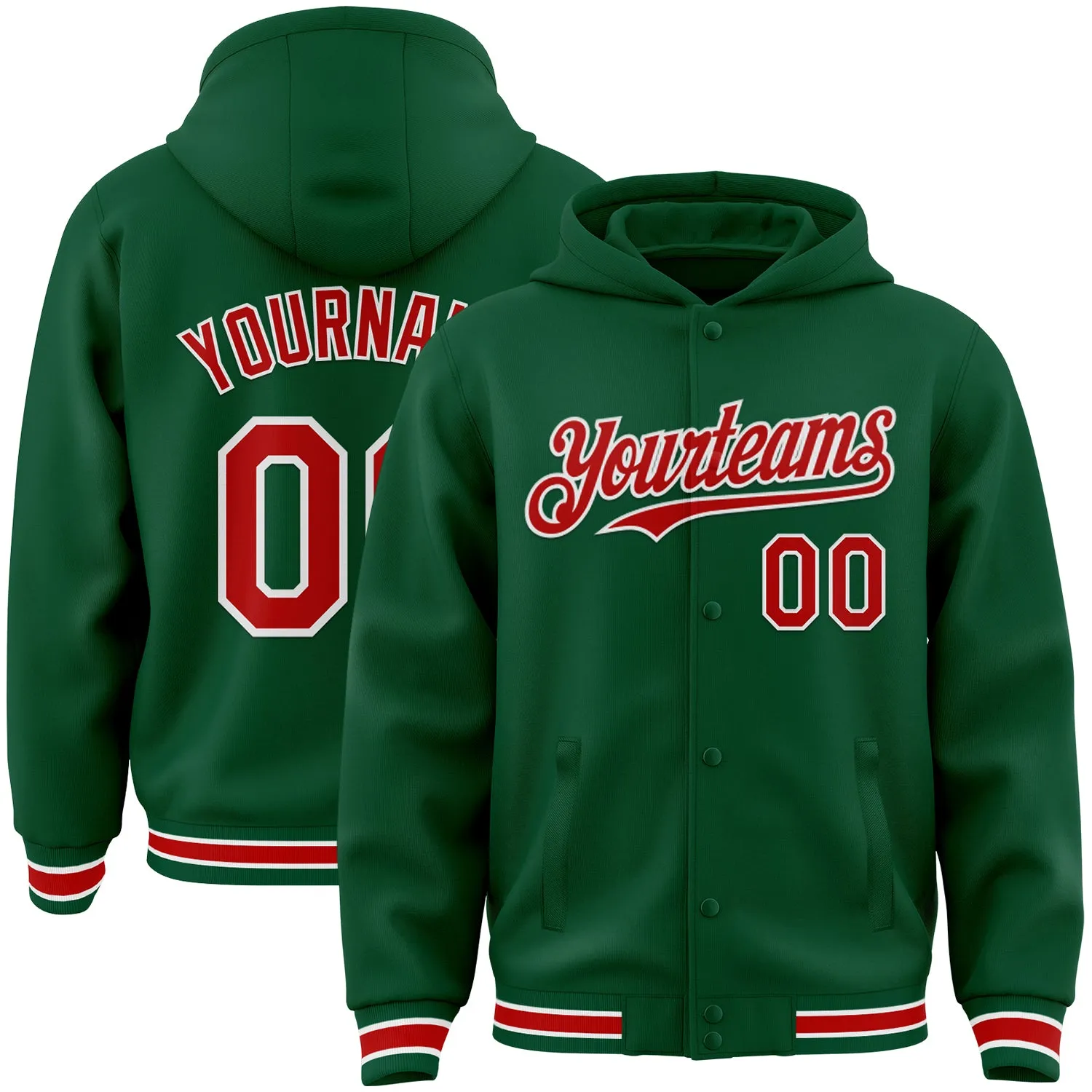 Custom Kelly Green Red-White Bomber Full-Snap Varsity Letterman Hoodie Jacket