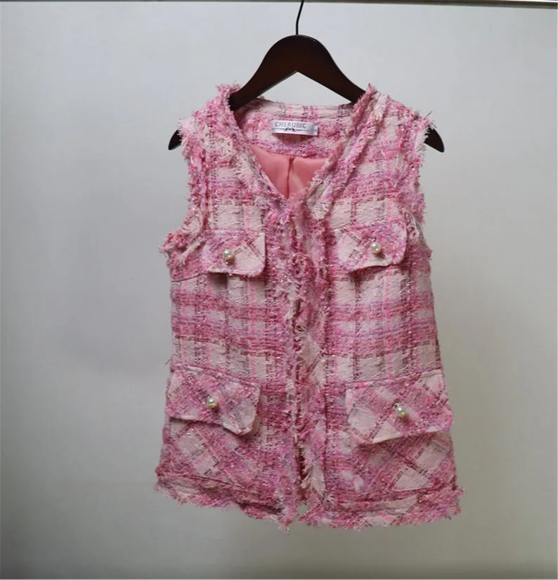 CUSTOM MADE Check Pattern Tweed Vest Gilet Pink