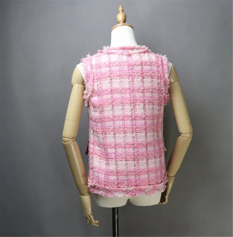 CUSTOM MADE Check Pattern Tweed Vest Gilet Pink