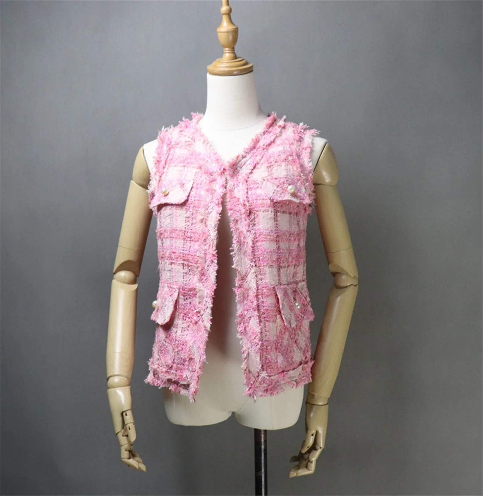 CUSTOM MADE Check Pattern Tweed Vest Gilet Pink