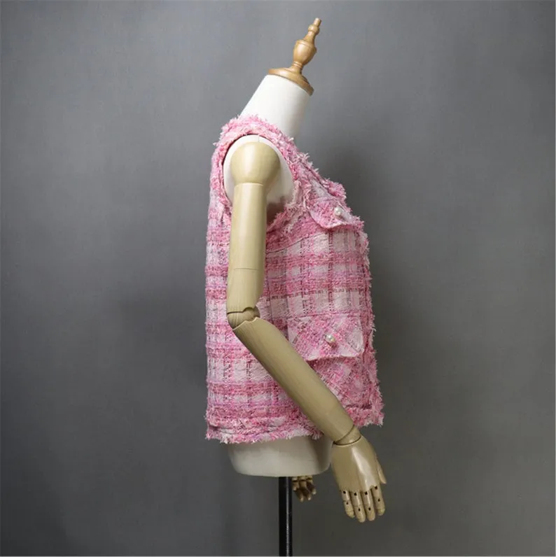 CUSTOM MADE Check Pattern Tweed Vest Gilet Pink