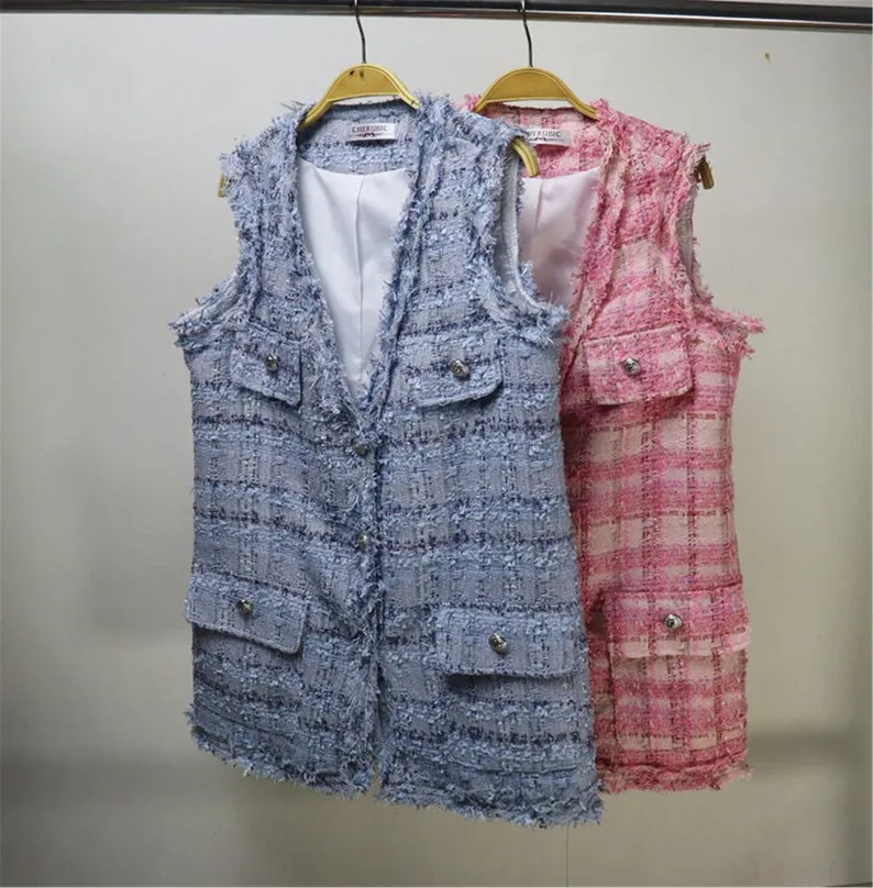 CUSTOM MADE Check Pattern Tweed Vest Gilet Pink