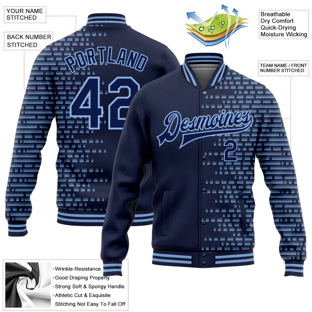 Custom Navy Light Blue Halftone 3D Pattern Design Bomber Full-Snap Varsity Letterman Jacket