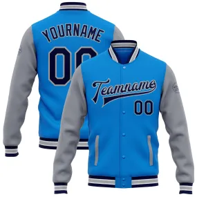 Custom Powder Blue Navy-Gray Bomber Full-Snap Varsity Letterman Two Tone Jacket