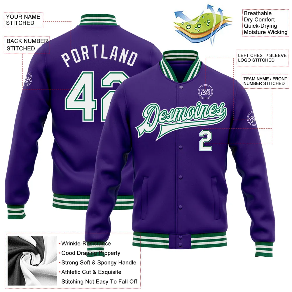 Custom Purple White-Kelly Green Bomber Full-Snap Varsity Letterman Jacket