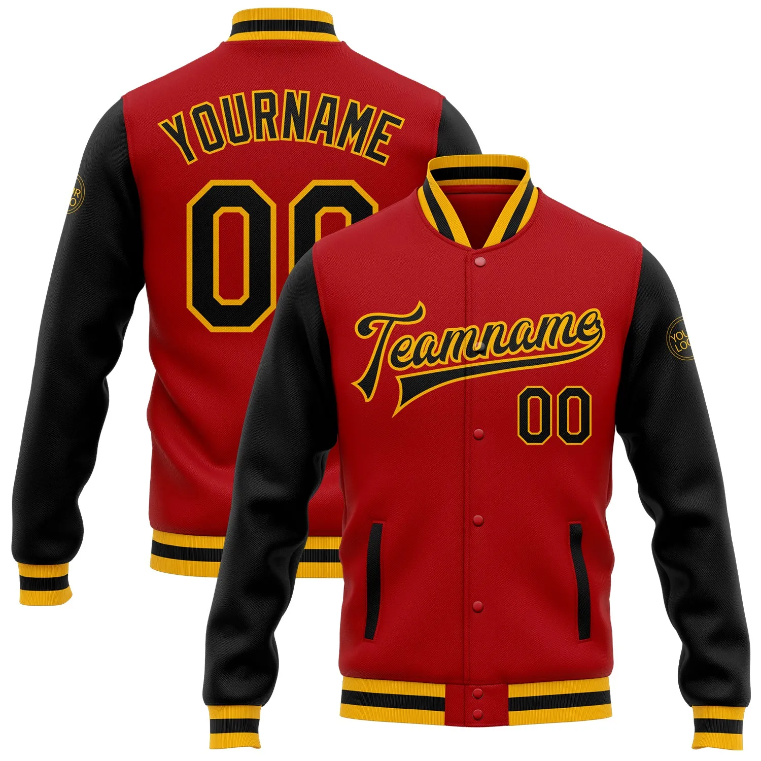 Custom Red Black-Gold Bomber Full-Snap Varsity Letterman Two Tone Jacket