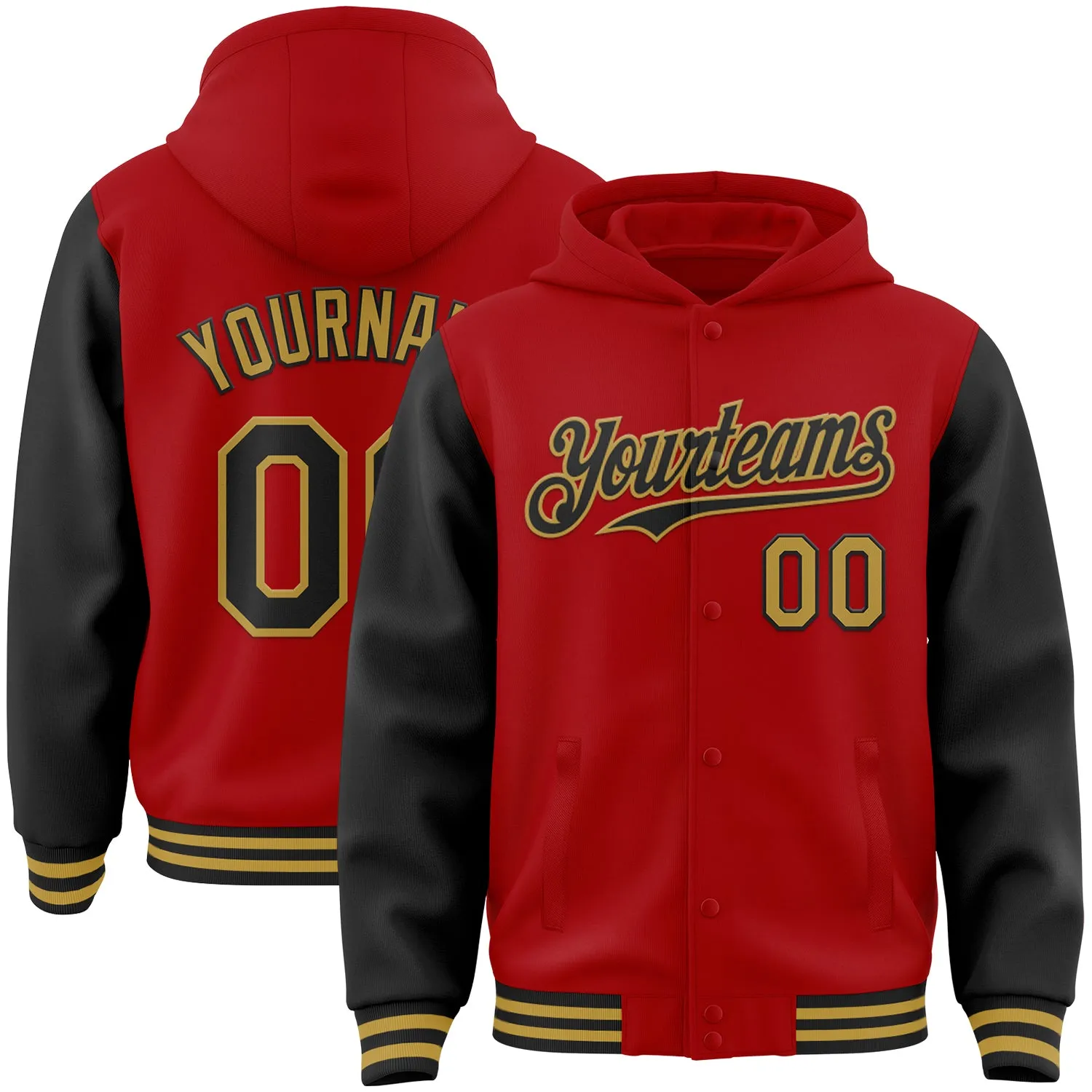 Custom Red Black-Old Gold Bomber Full-Snap Varsity Letterman Two Tone Hoodie Jacket