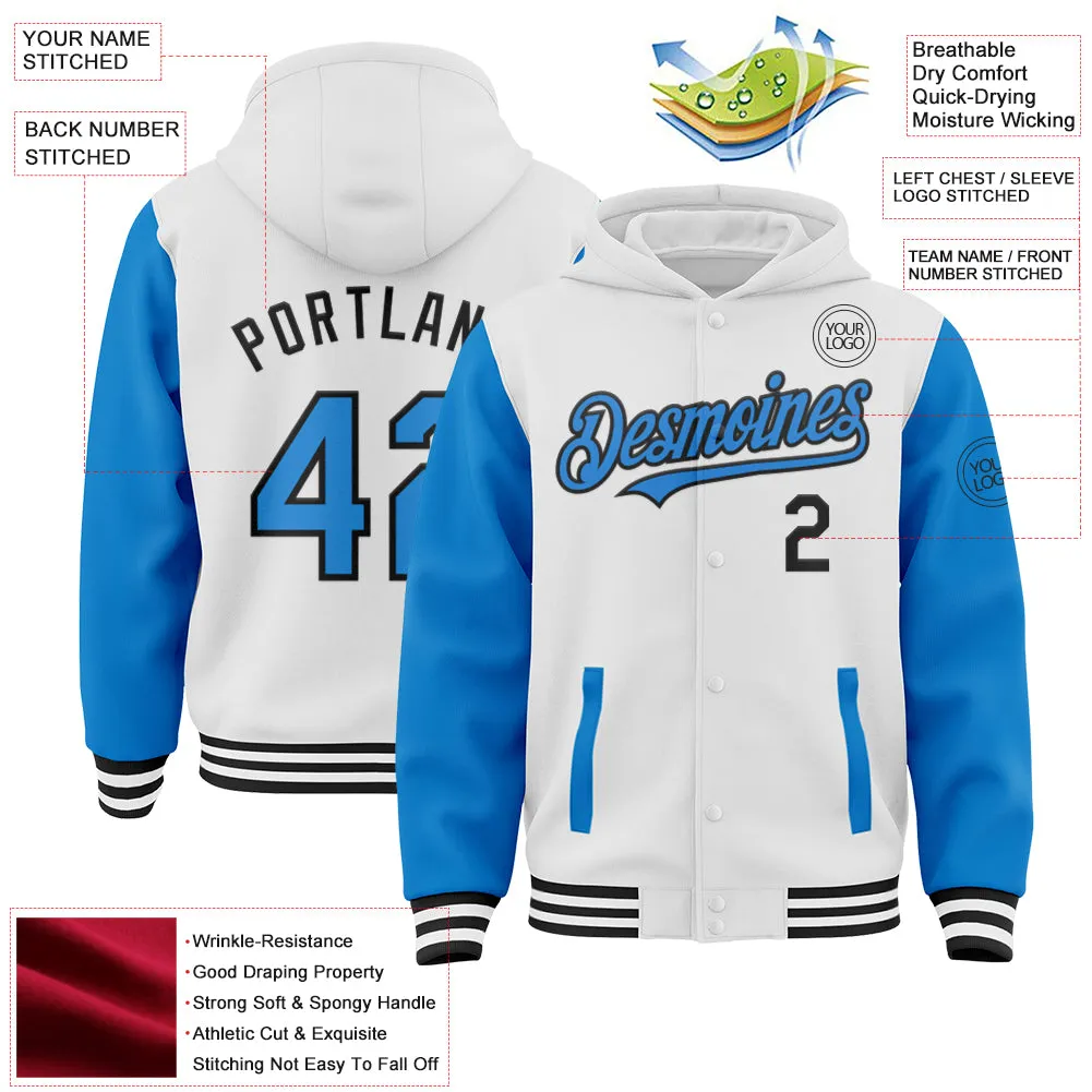 Custom White Powder Blue-Black Bomber Full-Snap Varsity Letterman Two Tone Hoodie Jacket