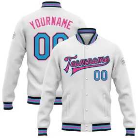 Custom White Sky Blue Black-Pink Bomber Full-Snap Varsity Letterman Jacket