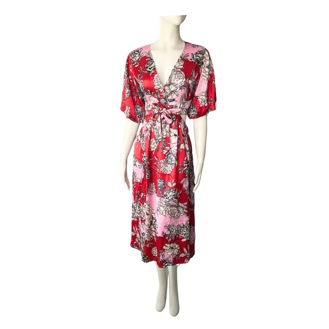 Cut-out Floral Midi Dress Red Pink SIZE 12