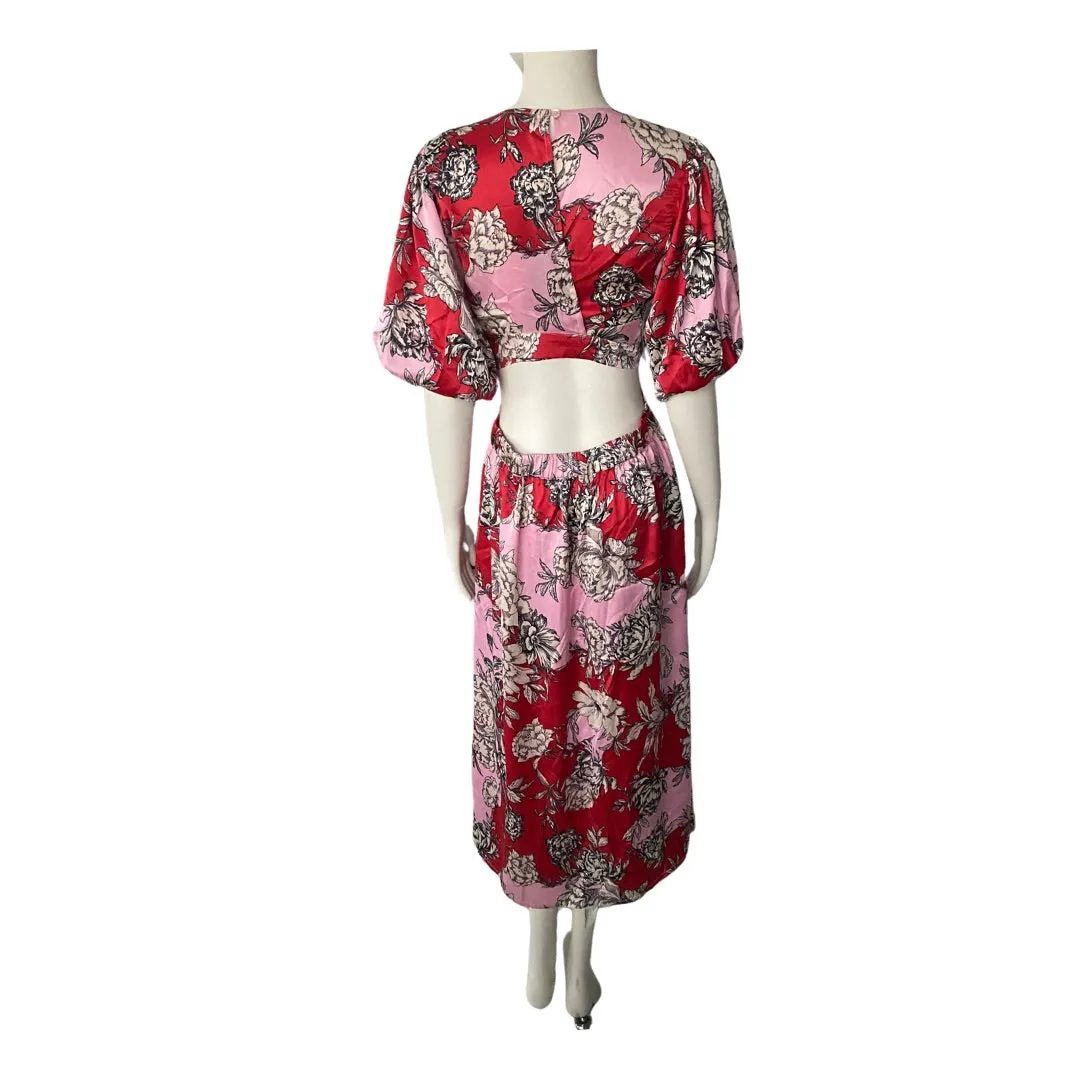 Cut-out Floral Midi Dress Red Pink SIZE 12