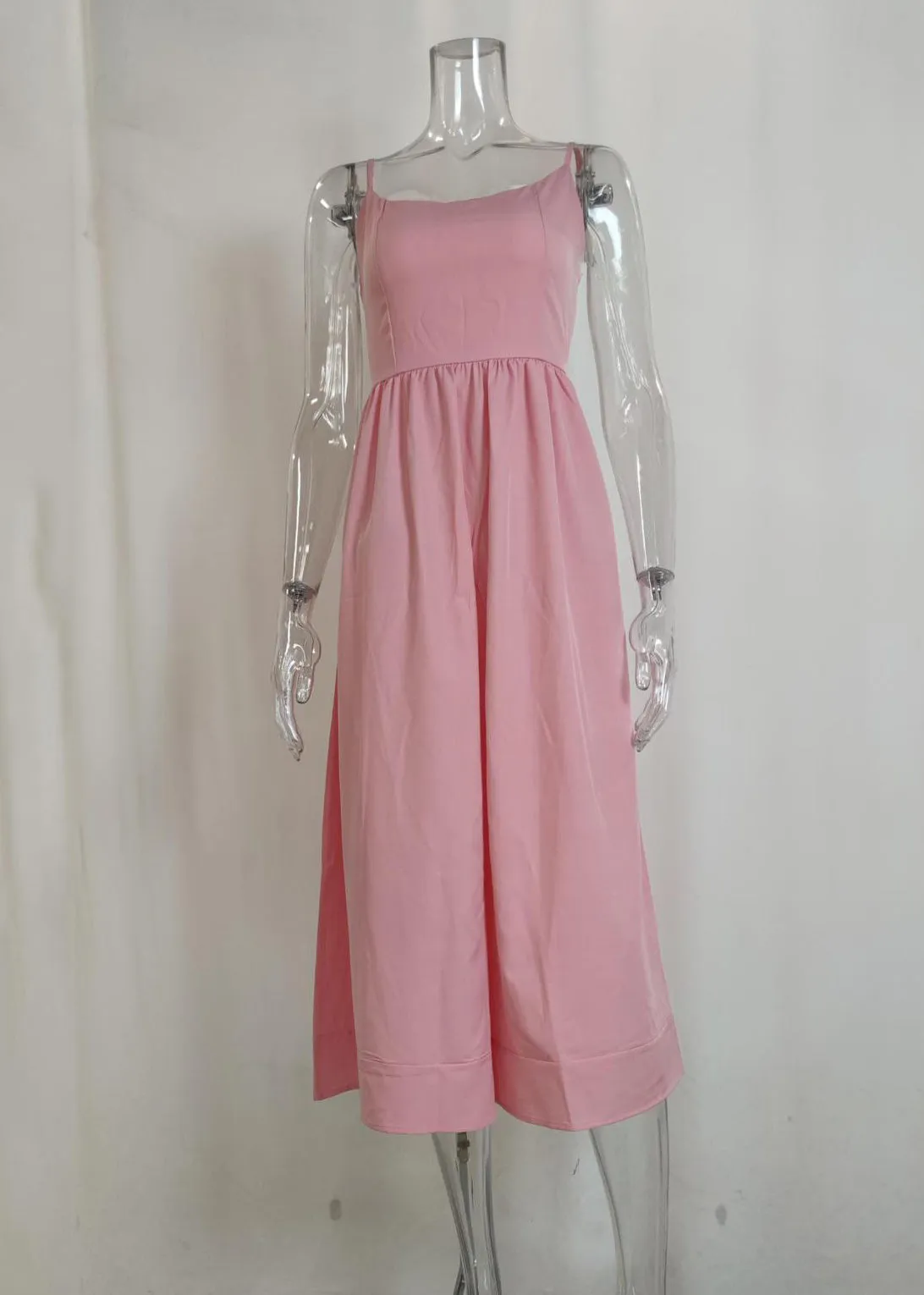 Cute Pink Slash Neck Patchwork Maxi Spaghetti Strap Dress Sleeveless ZL038