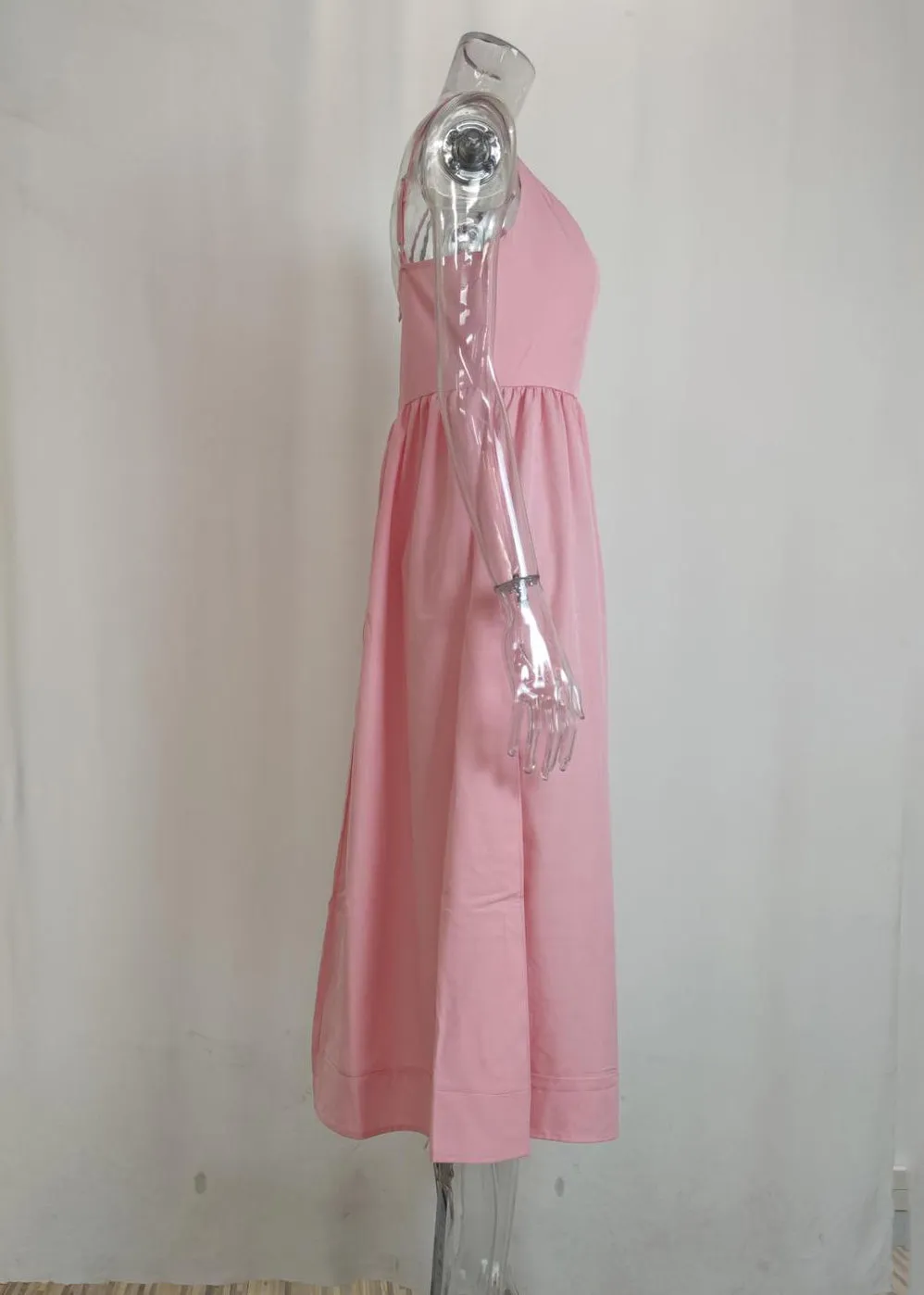 Cute Pink Slash Neck Patchwork Maxi Spaghetti Strap Dress Sleeveless ZL038