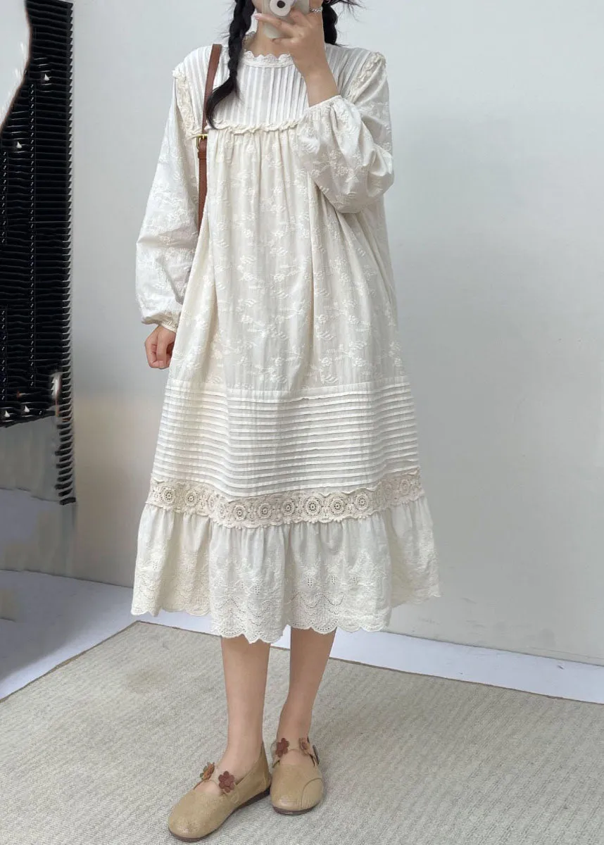 Cute White Embroidered Ruffled Patchwork Wrinkled Cotton Maxi Dress Long Slee BV030