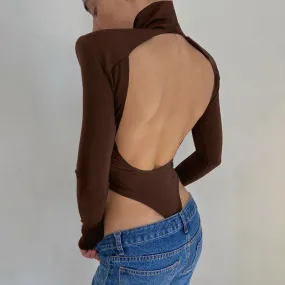 Cutout Back Long Sleeve High Cut Turtleneck Bodysuit - Coffee