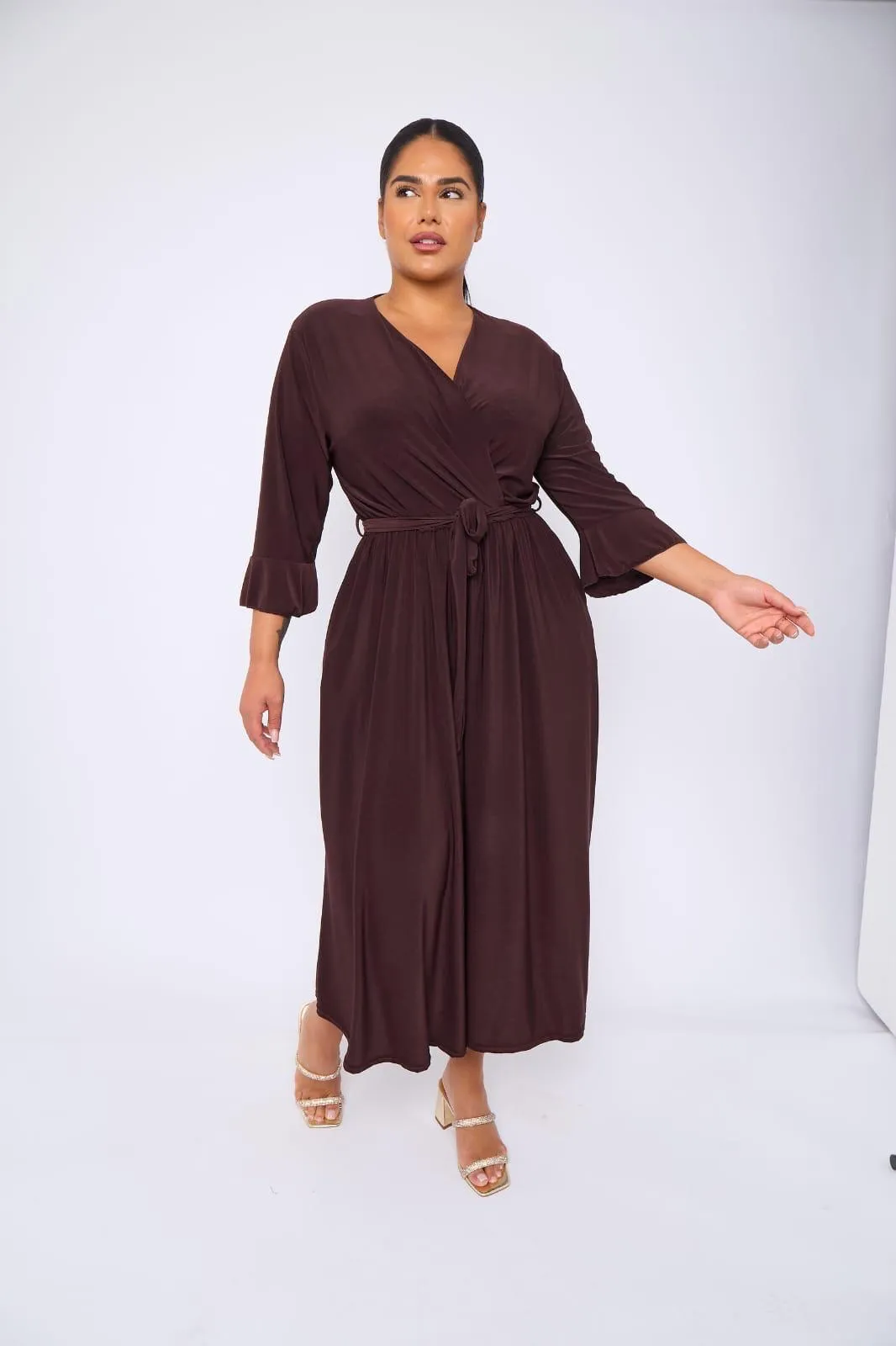 Dani Faux Wrap 3/4 Sleeve Dress in Brown