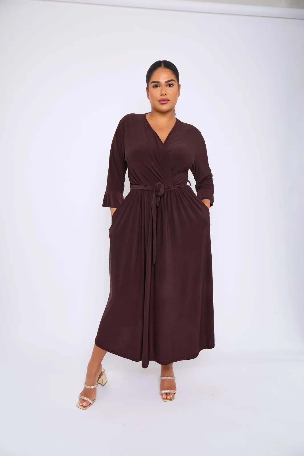 Dani Faux Wrap 3/4 Sleeve Dress in Brown