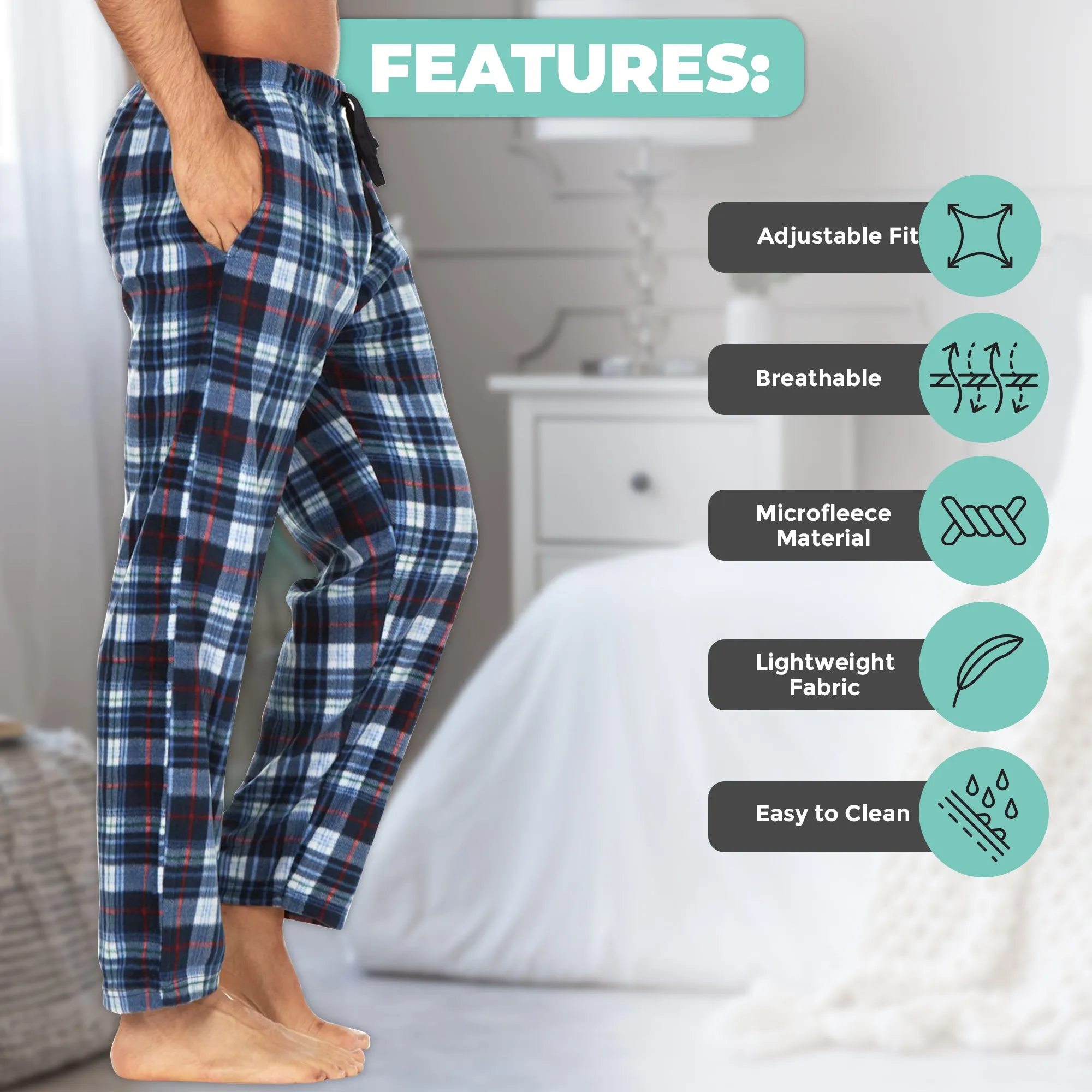 DARESAY Men Pajama Pants - Men's Microfleece Nighty Multipack PJ Pants with Pockets, Sleepwear or Lounge Pants for Men