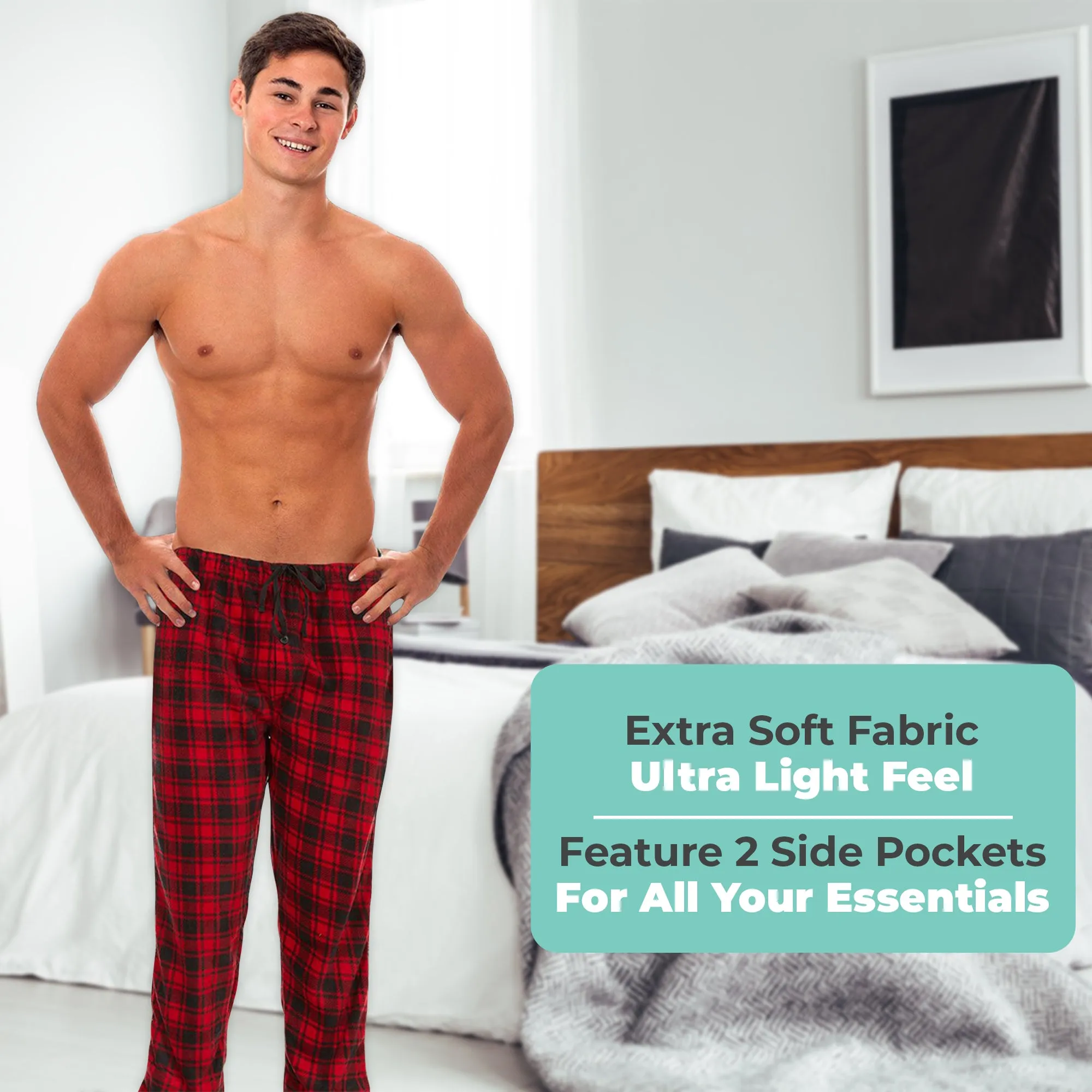 DARESAY Men Pajama Pants - Men's Microfleece Nighty Multipack PJ Pants with Pockets, Sleepwear or Lounge Pants for Men