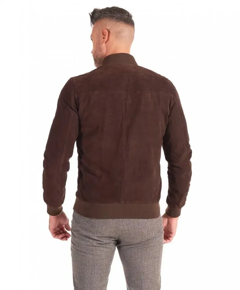 Dark brown suede leather bomber jacket