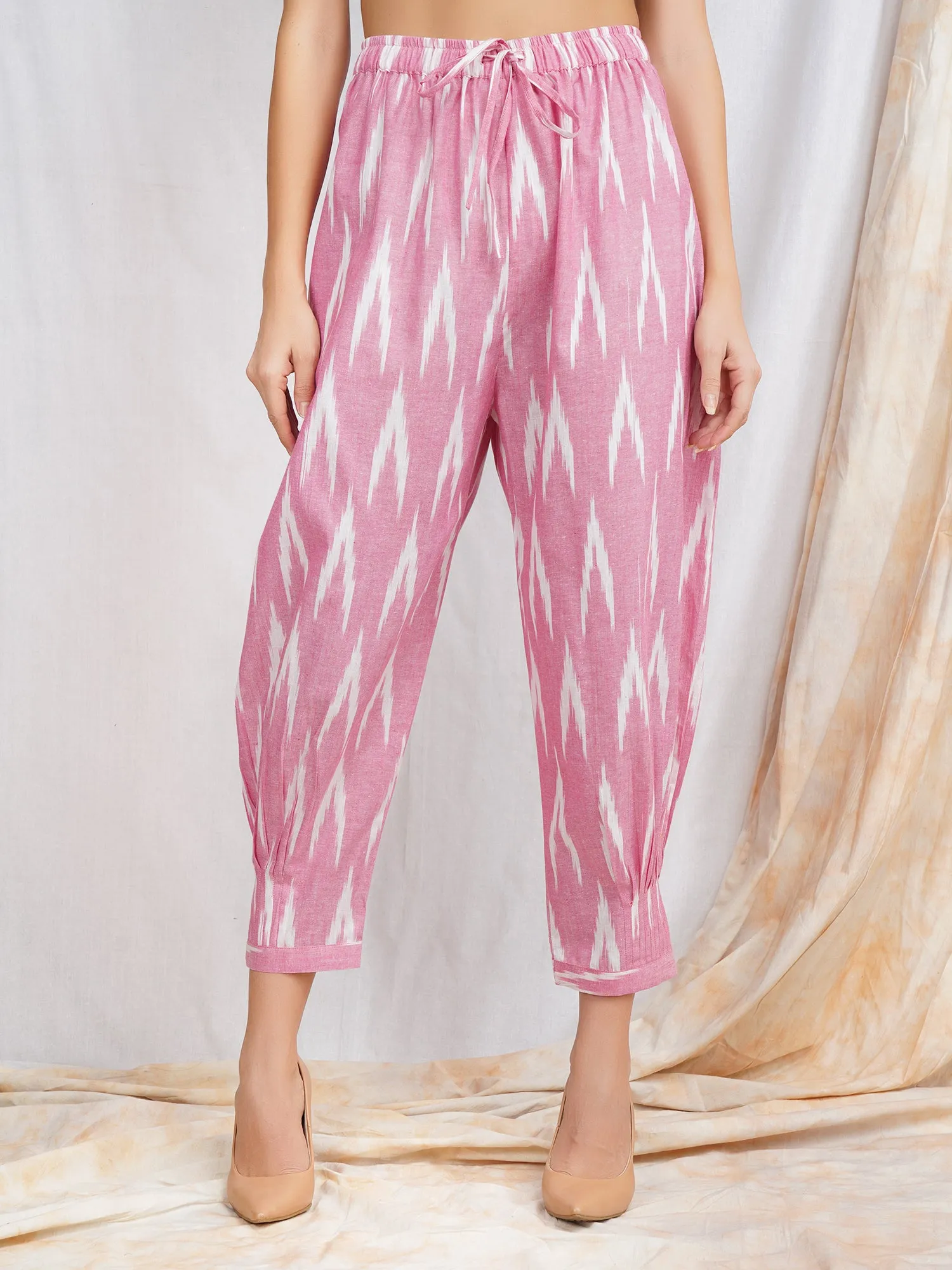 Darzaania Pink Ikat Cotton Harem Pants (Free Size)