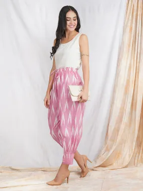 Darzaania Pink Ikat Cotton Harem Pants (Free Size)