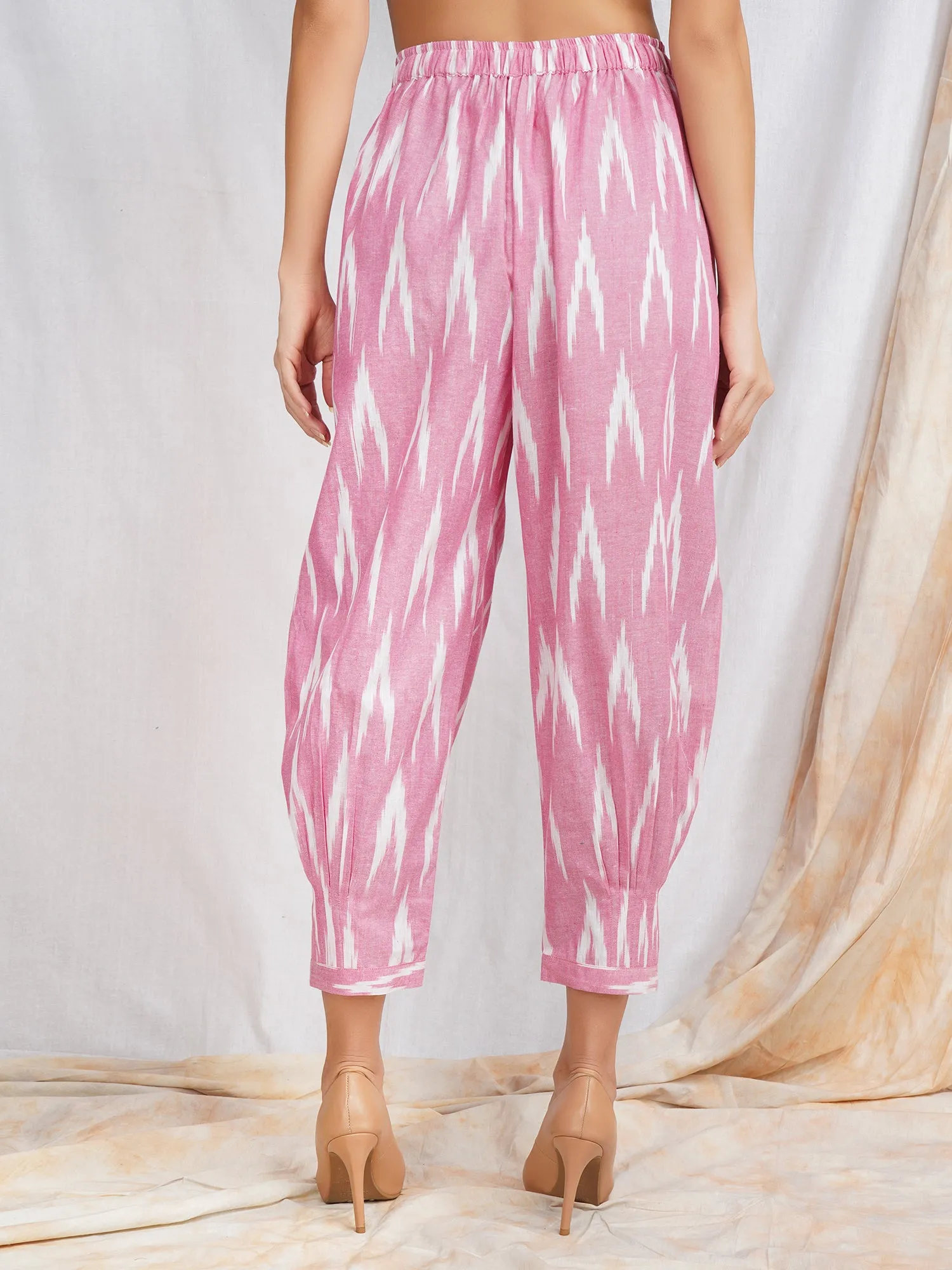 Darzaania Pink Ikat Cotton Harem Pants (Free Size)