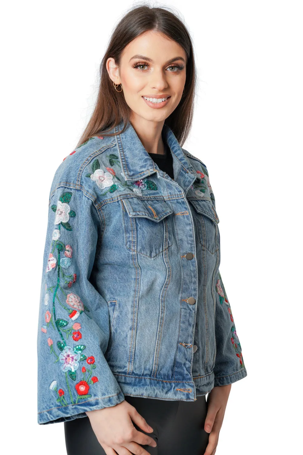 Denim Blue Floral Embroidery Flare Sleeve Jacket