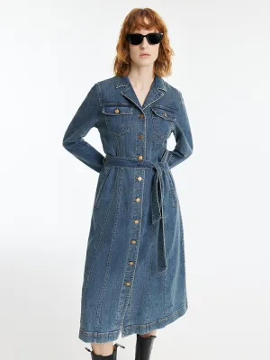 Denim Lapel Single-Breasted Women Midi Dress With Belt