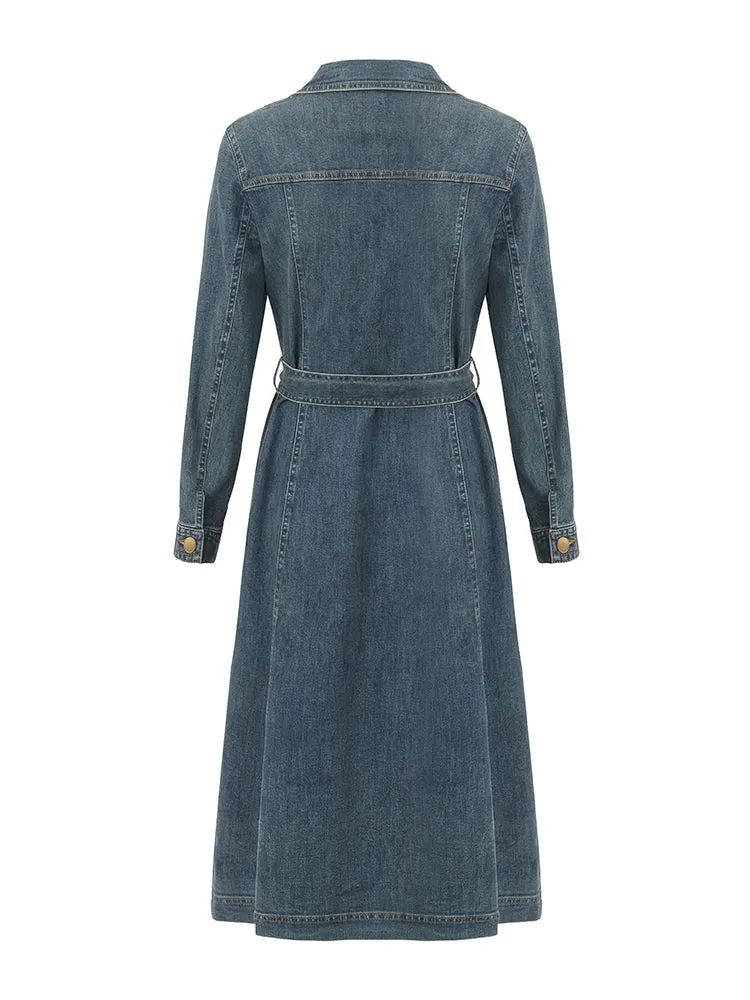 Denim Lapel Single-Breasted Women Midi Dress With Belt