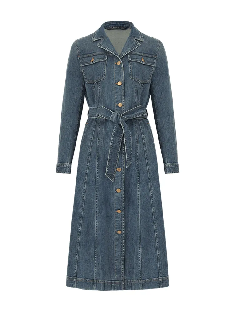 Denim Lapel Single-Breasted Women Midi Dress With Belt