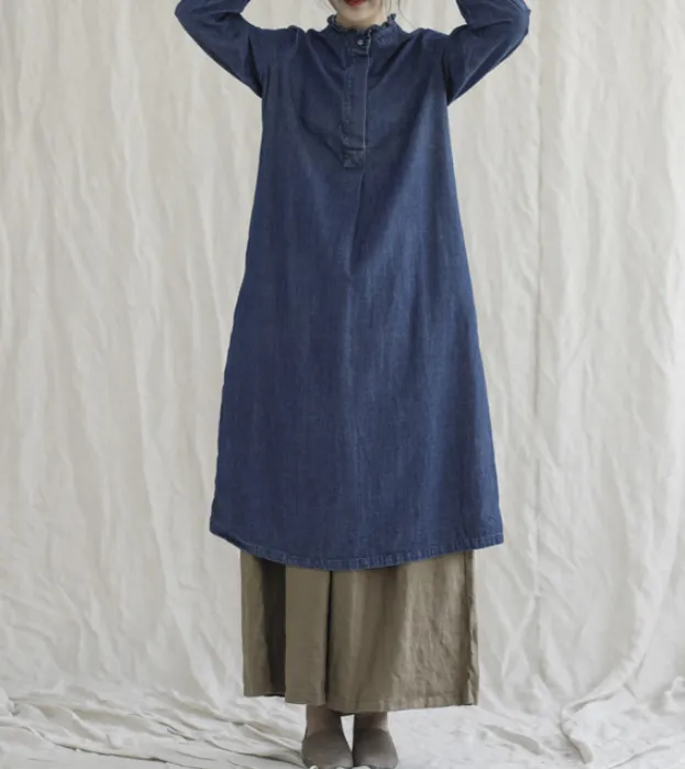 Denim Loose Long Sleeve Line Women Dress YM201229