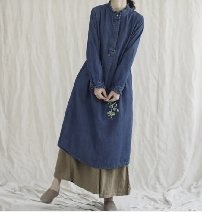 Denim Loose Long Sleeve Line Women Dress YM201229