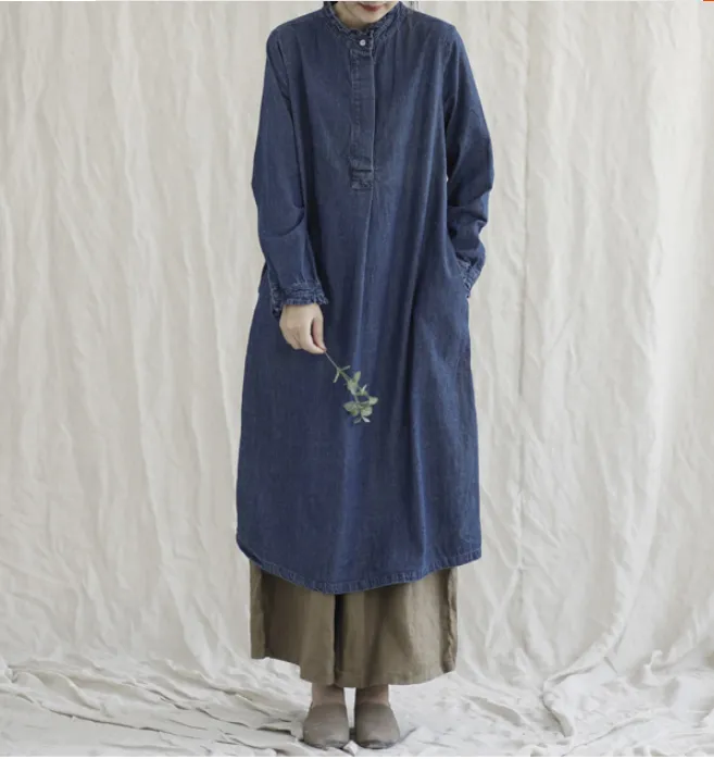 Denim Loose Long Sleeve Line Women Dress YM201229