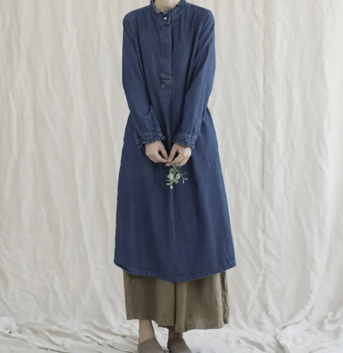 Denim Loose Long Sleeve Line Women Dress YM201229