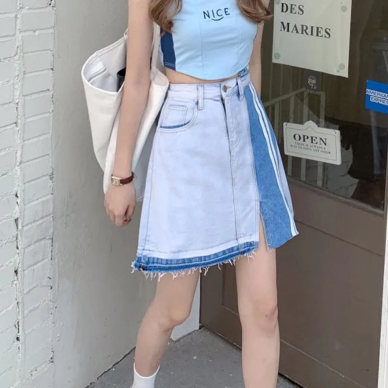 Designed Women Denim Skirt High Waist Patchwork Tassel A Line Jeans Skirt Fashion Streetwear Summer Girls Mini Skirts New