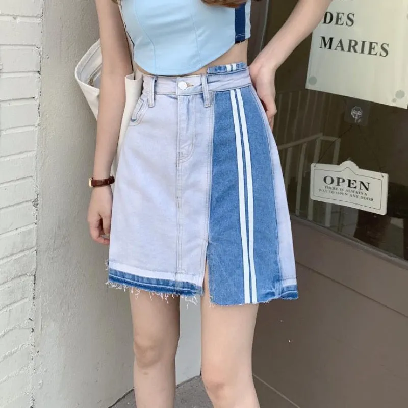 Designed Women Denim Skirt High Waist Patchwork Tassel A Line Jeans Skirt Fashion Streetwear Summer Girls Mini Skirts New