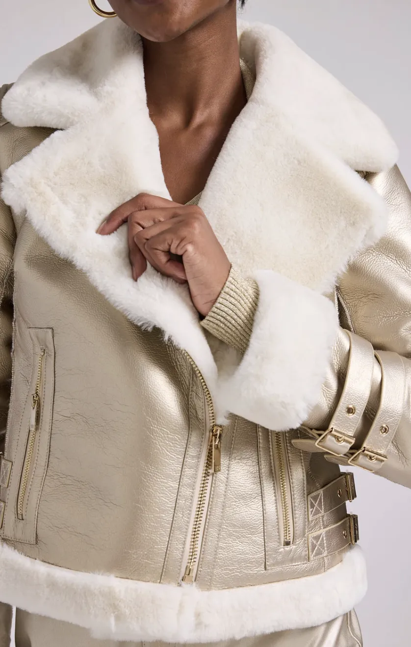 Dion Faux Fur Shearling Moto Jacket - Pale Gold / White