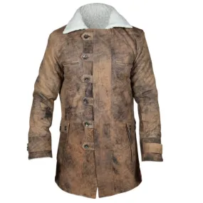 Distressed Brown Coat Winter Fur Shearling Long Jacket Mens