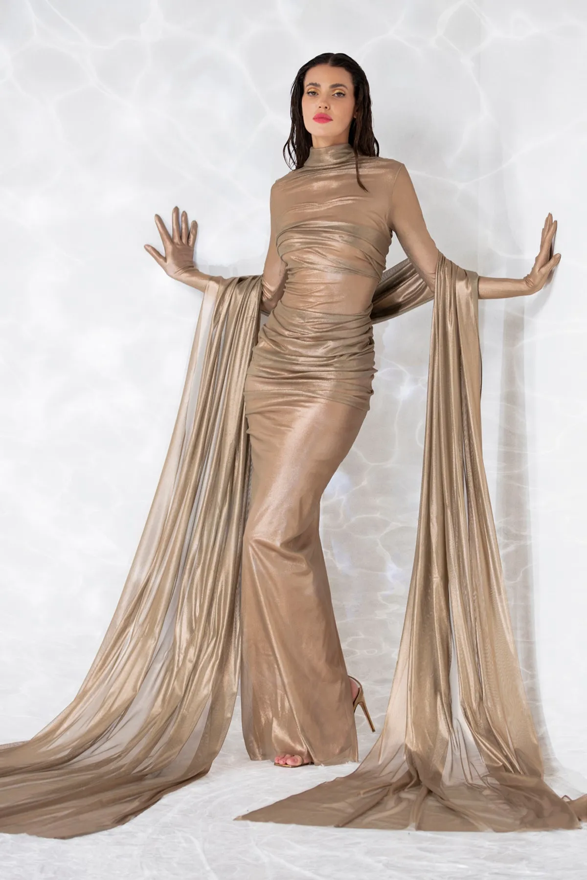 Draped sheer dress in gold foiled silk tulle, built in gloves, and a floor sweeping scarf