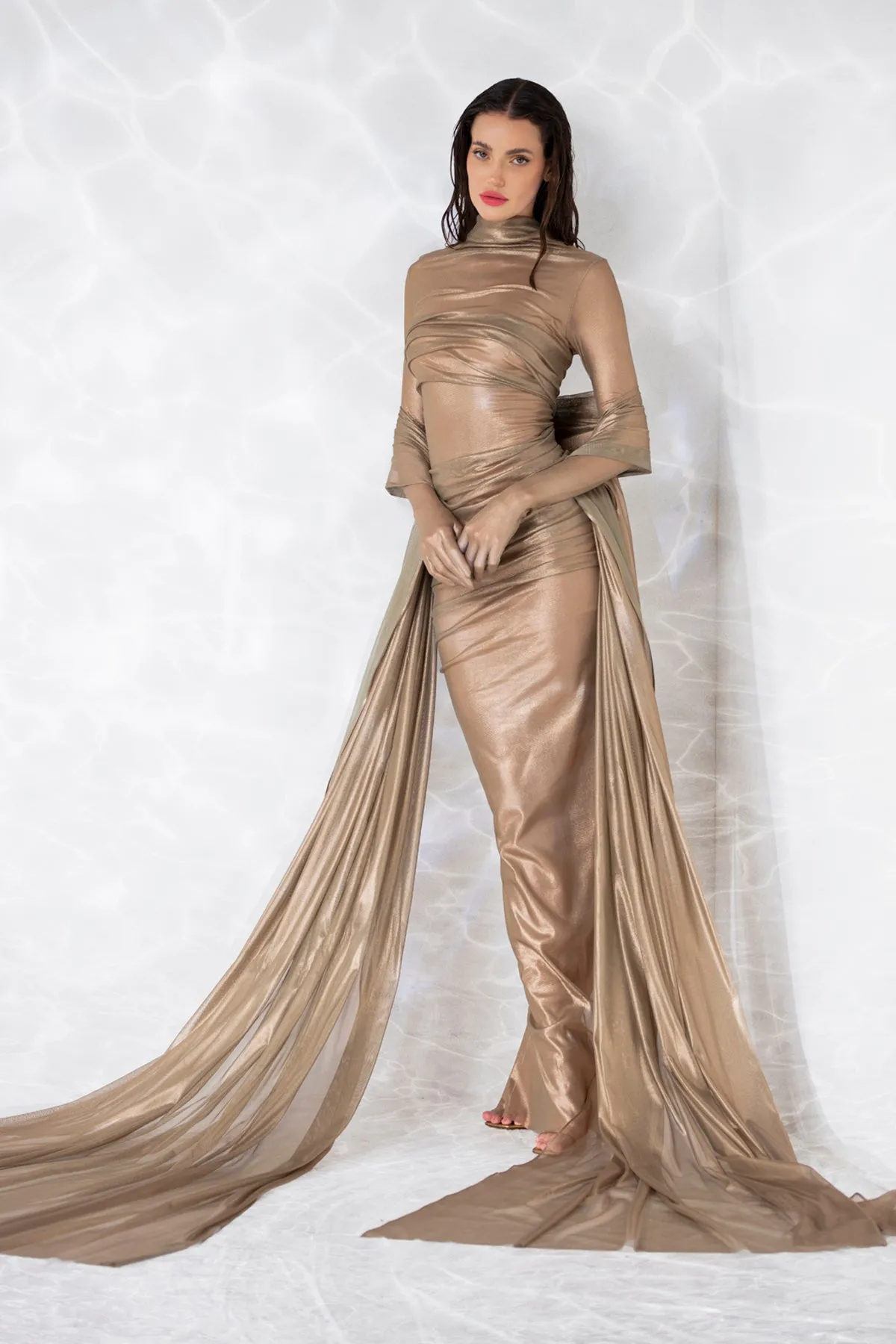 Draped sheer dress in gold foiled silk tulle, built in gloves, and a floor sweeping scarf