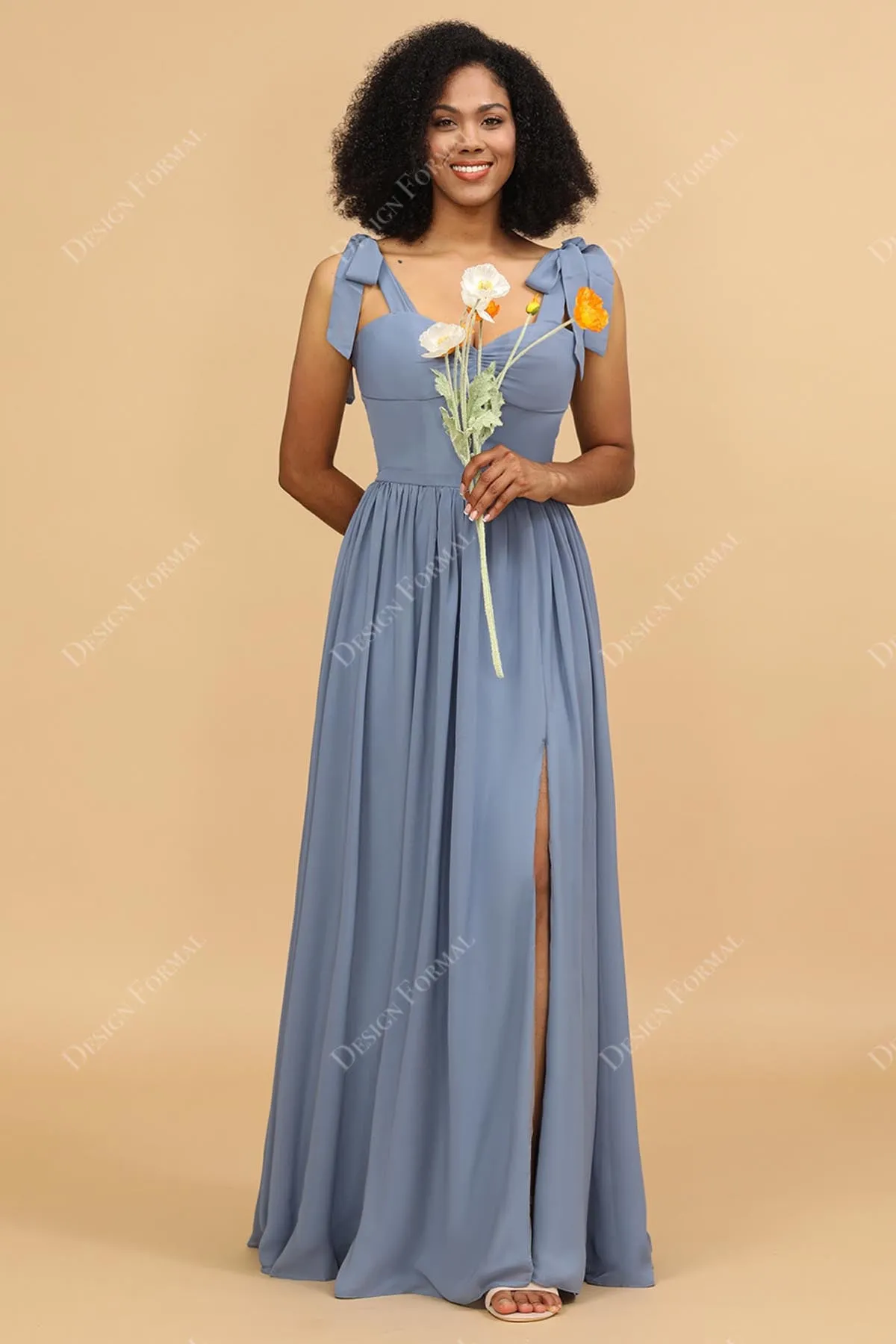 Dusty Blue Ruched Sweetheart Empire Chiffon Slit Floor Length Gown