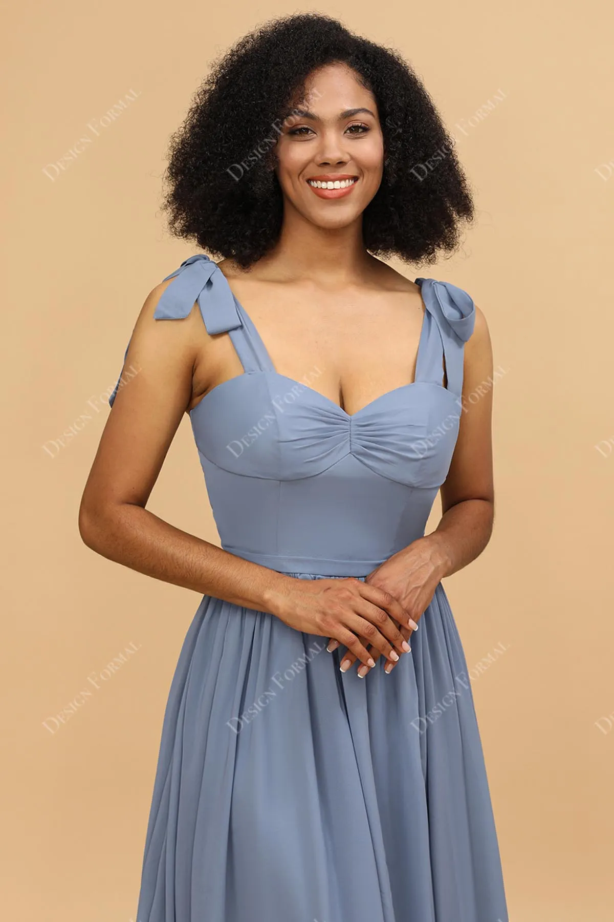 Dusty Blue Ruched Sweetheart Empire Chiffon Slit Floor Length Gown