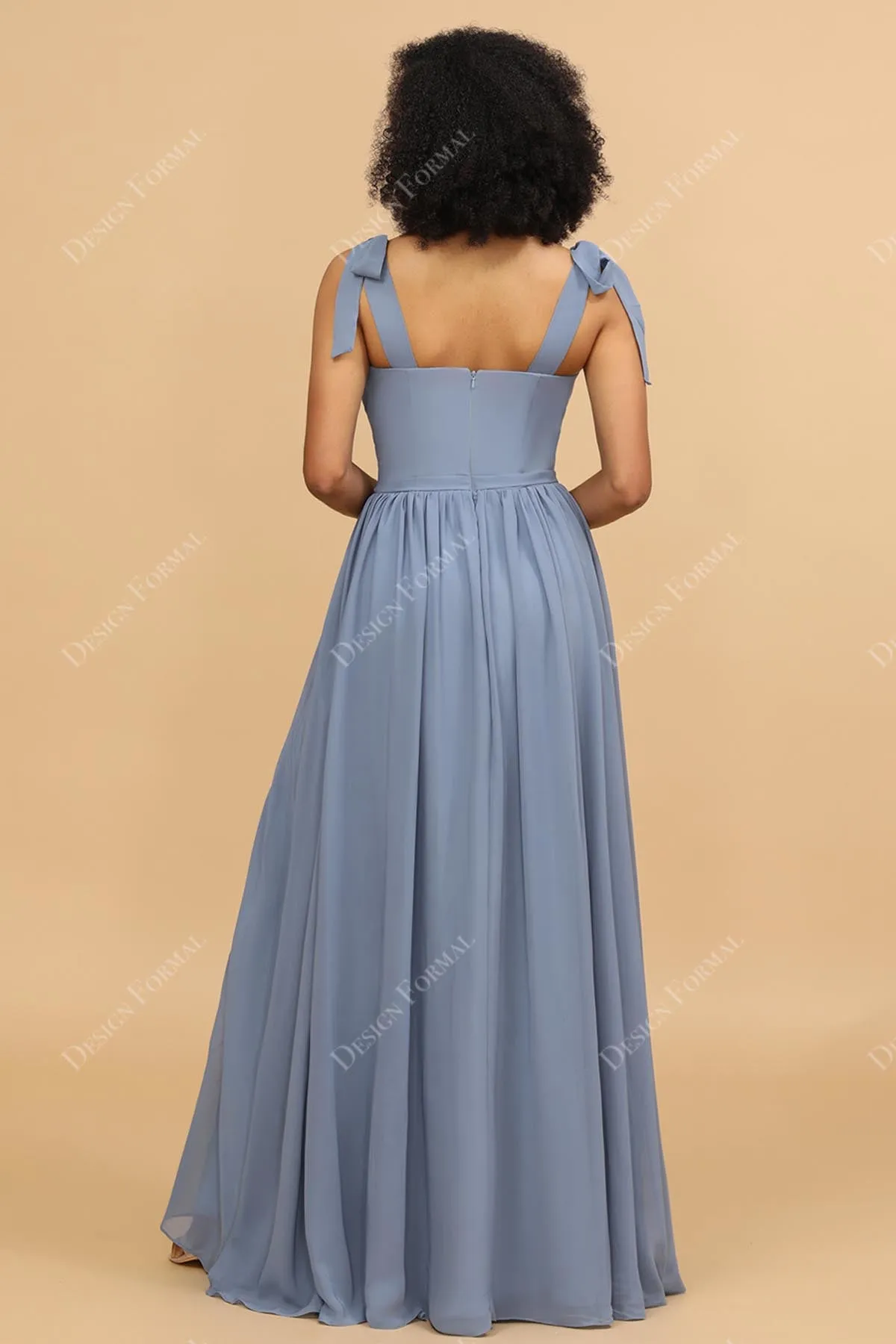 Dusty Blue Ruched Sweetheart Empire Chiffon Slit Floor Length Gown