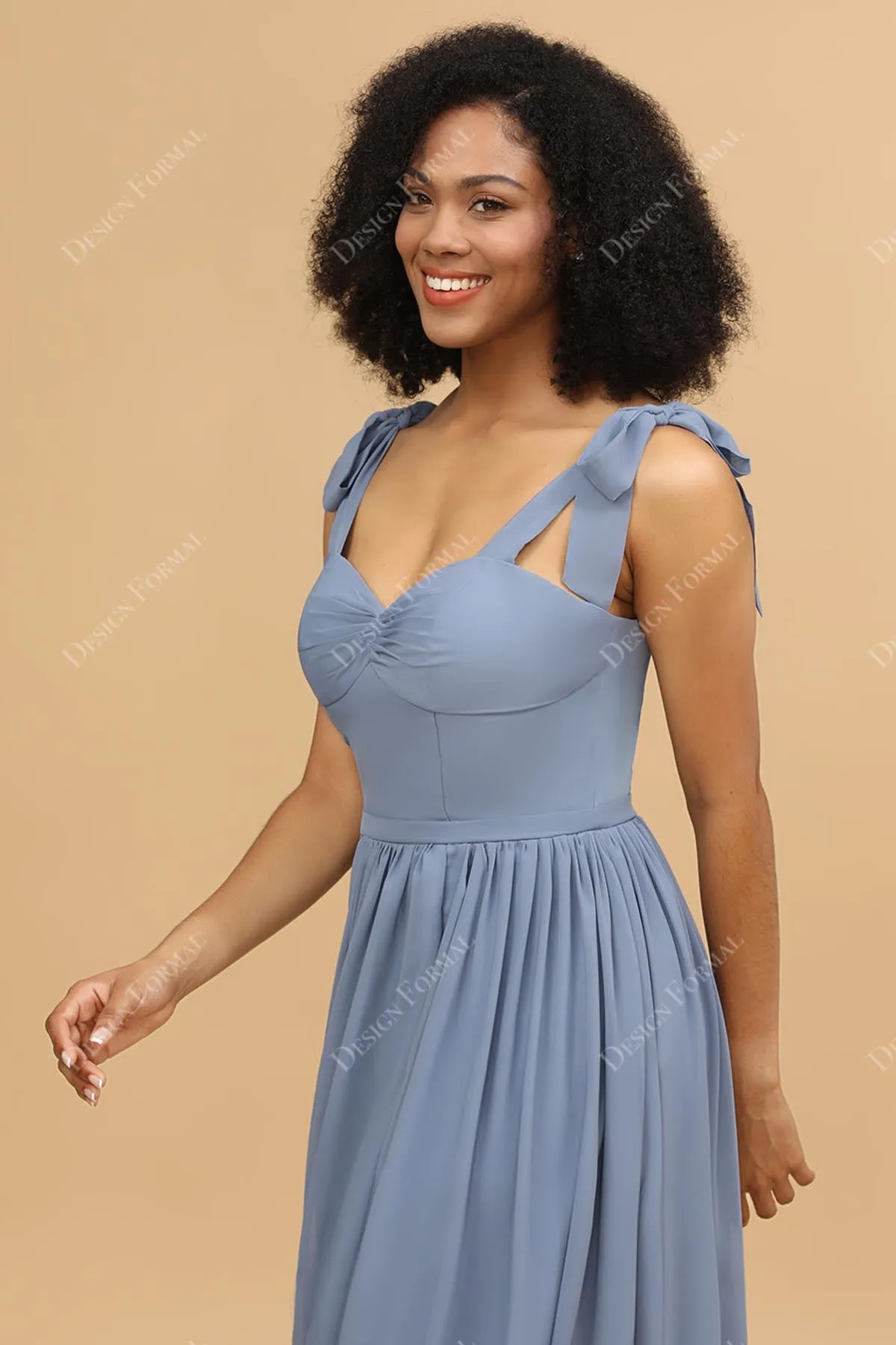 Dusty Blue Ruched Sweetheart Empire Chiffon Slit Floor Length Gown