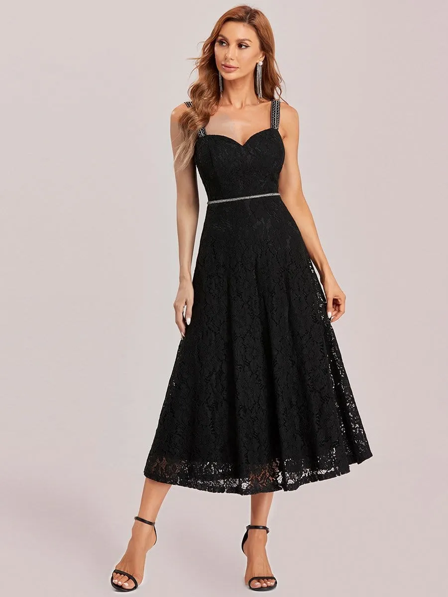 Elegant Beaded Strap Sweetheart Midi Lace Evening Dress